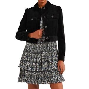 New Boden Black Cropped Corduroy Cotton Blend Fitted Side Pockets Jacket Sz 14